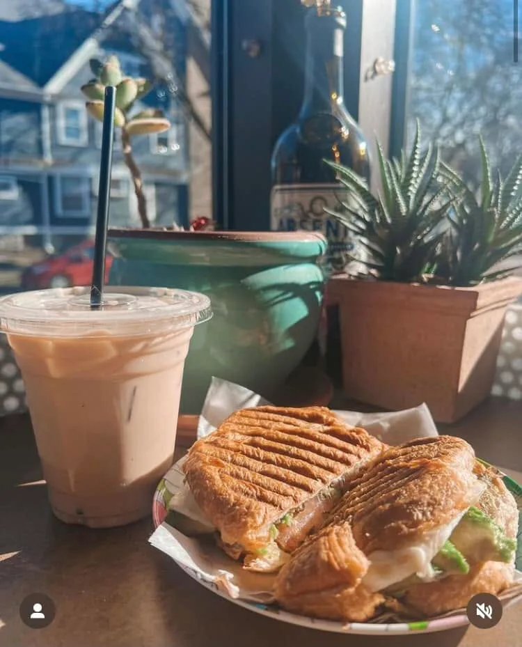 An iced coffee and a pressed sandwich on a table by the window, beside potted plants